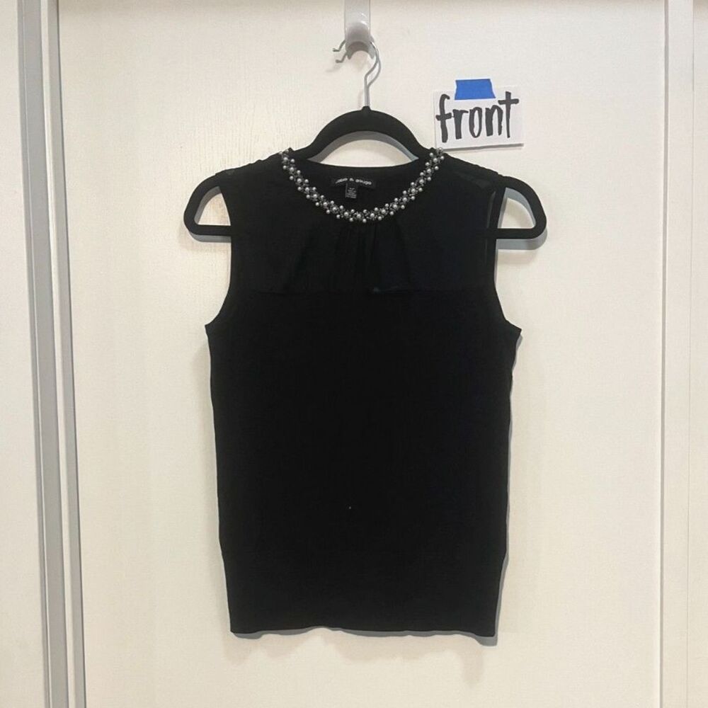 Black Sweater Vest w/ Pearl Neckline and Sheer Panel - Size S